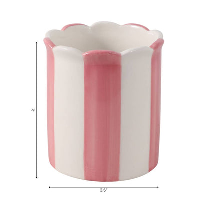 pink + ivory ceramic striped pencil cup