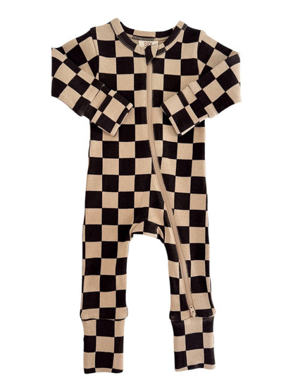 organic 2-way zip romper | tiramisu/black checkerboard