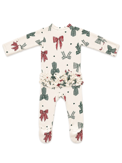 2-way zip ruffle footie, country christmas bows