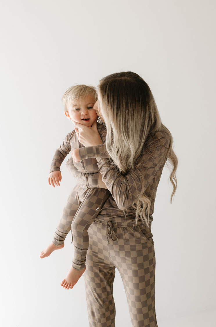bamboo zip pajamas | faded brown checkerboard