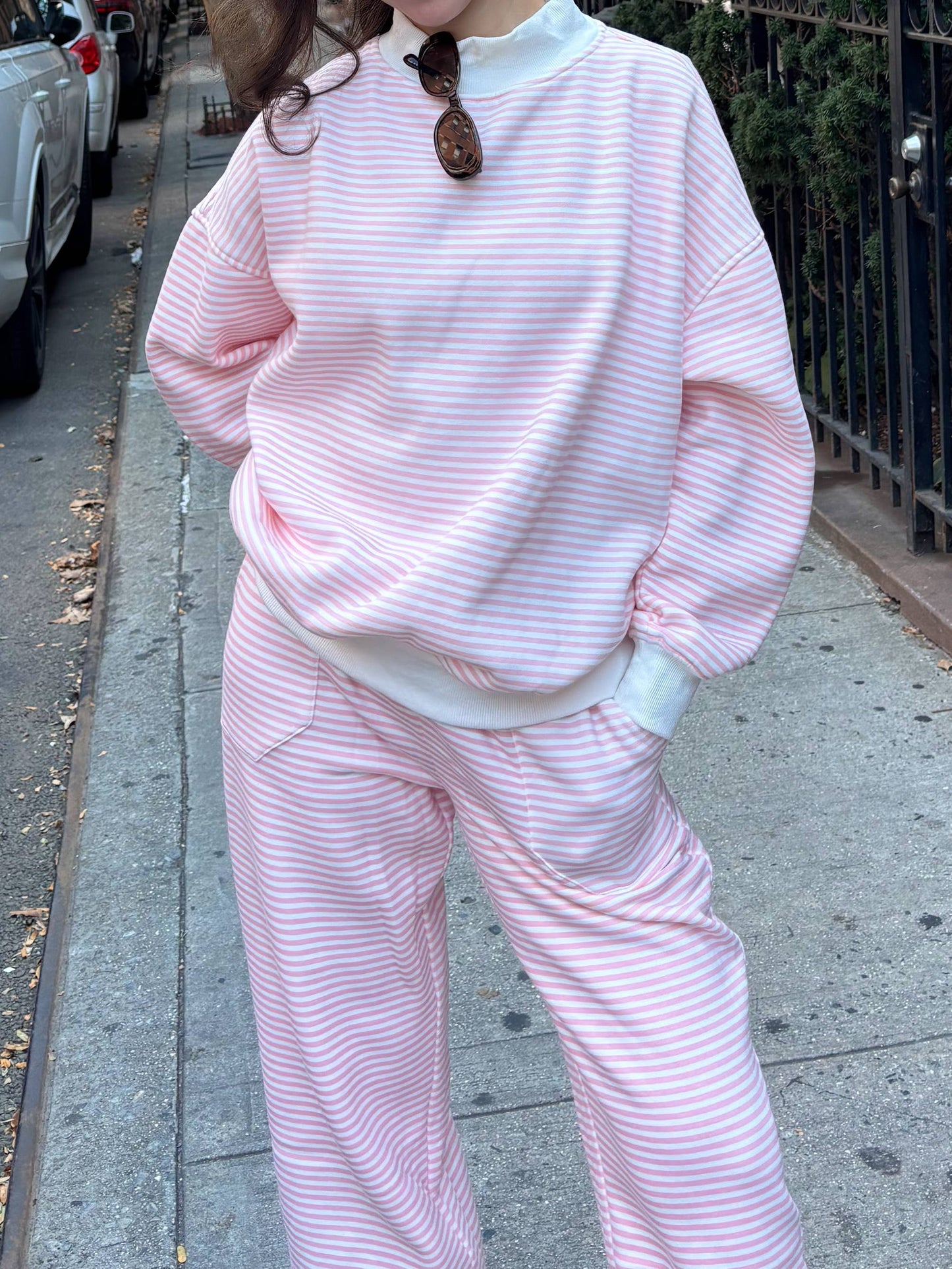 light pink + white big striped mockneck sweatshirt