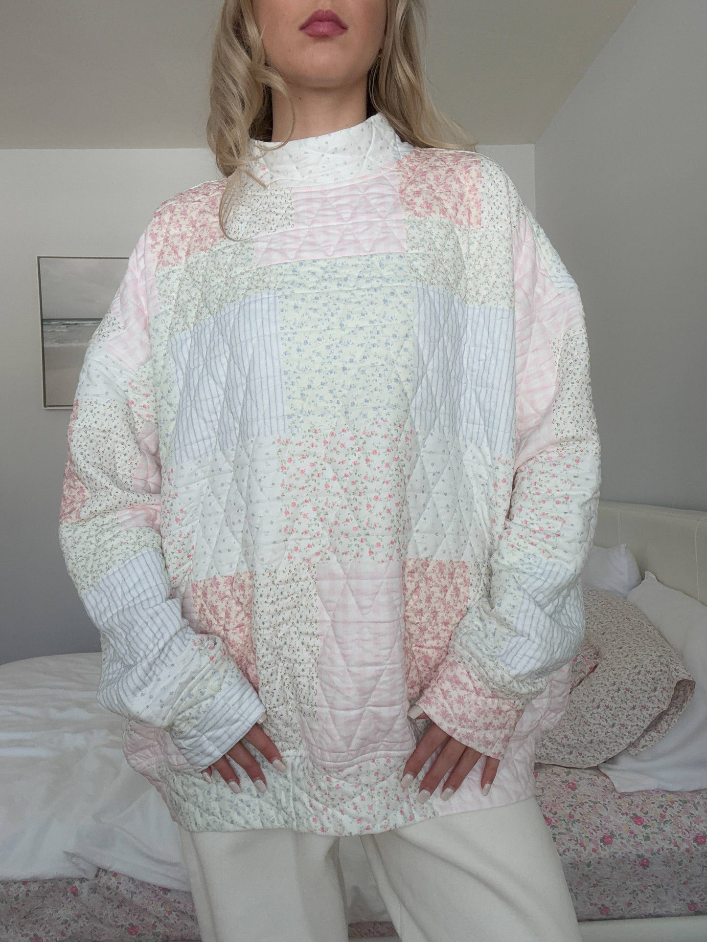 quilted pastel mockneck sweatshirt