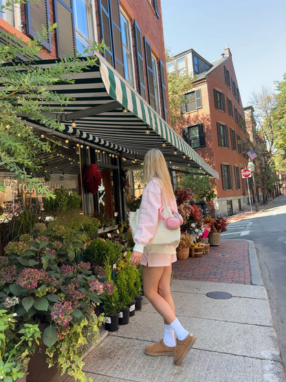 light pink + white big striped mockneck sweatshirt