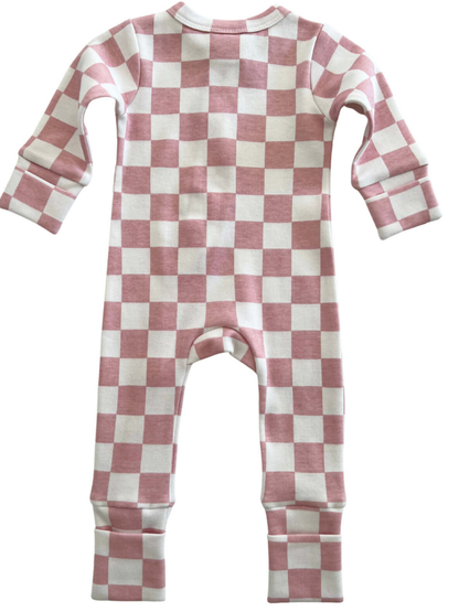 organic 2-way zip romper - strawberry shortcake checkerboard