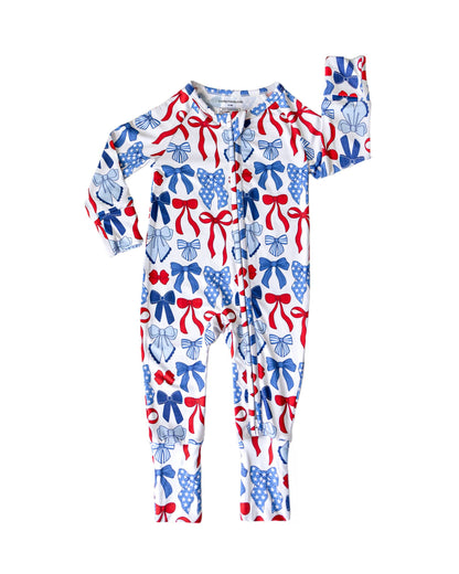 bamboo zip romper  | red-white + bows