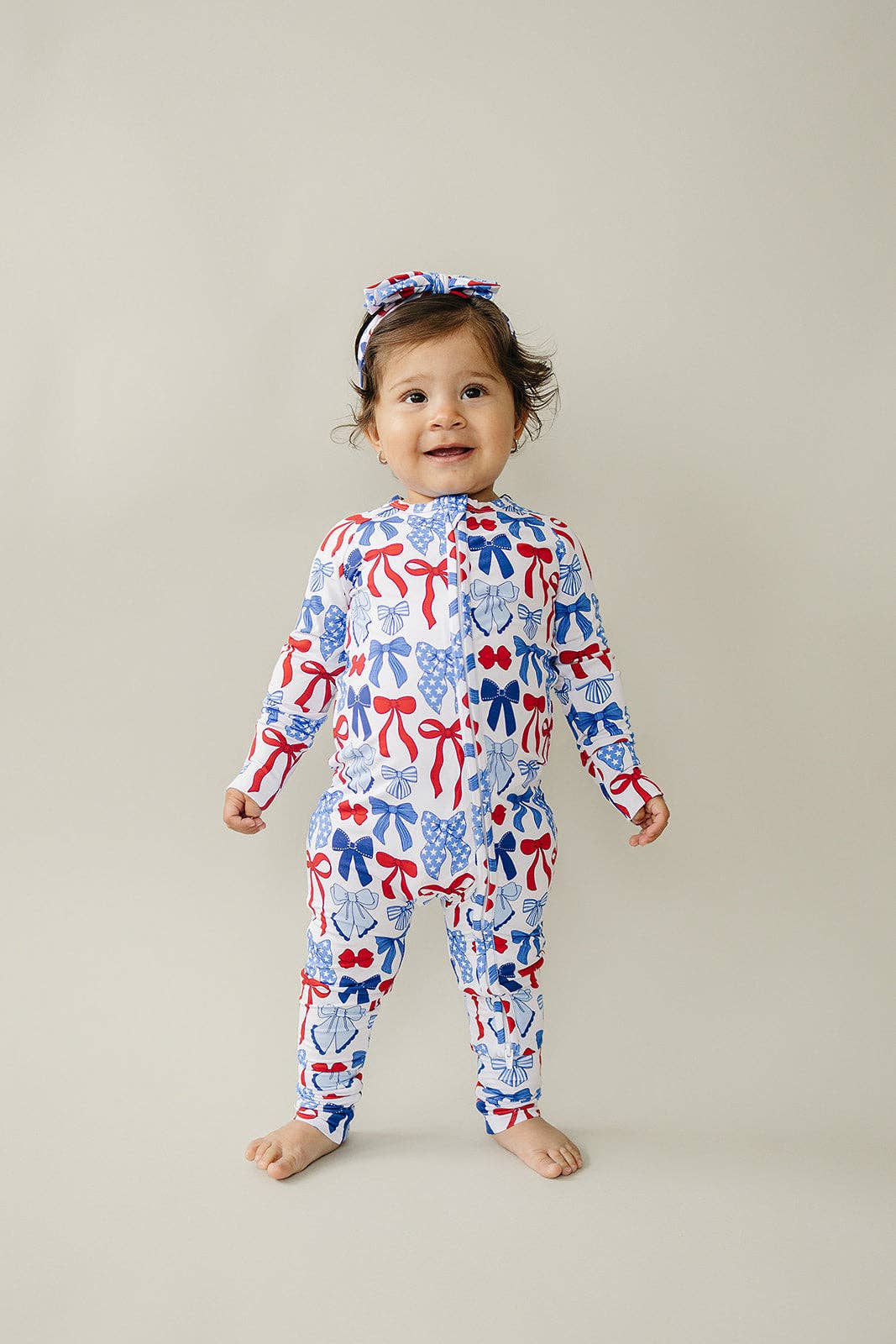 bamboo zip romper  | red-white + bows