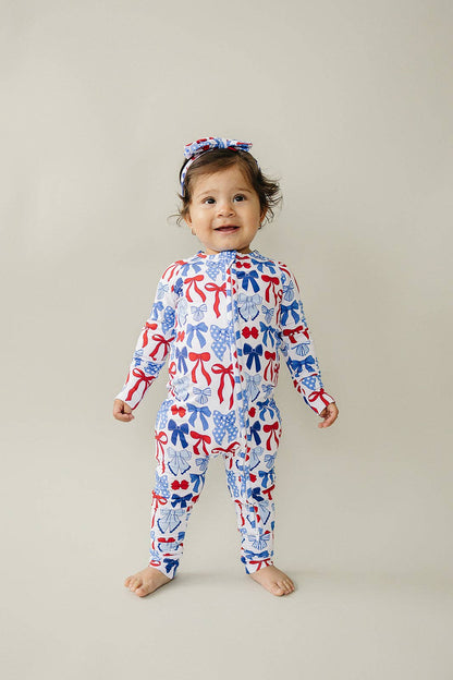 bamboo zip romper  | red-white + bows