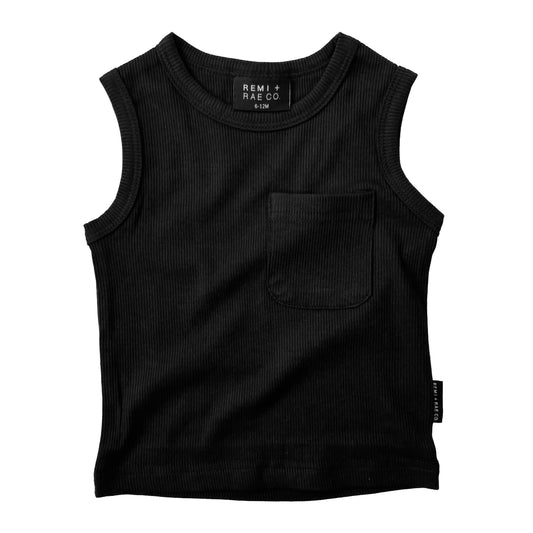 BAMBOO RIBBED POCKET TANK - BLACK