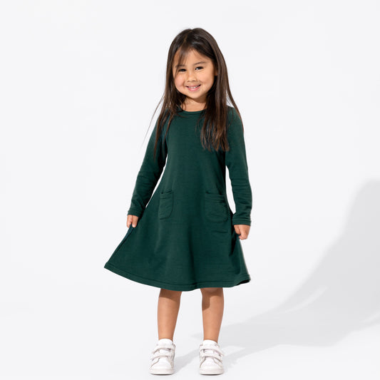 Forest Green Bamboo Terry Daywear Girls' Long Sleeve Dress