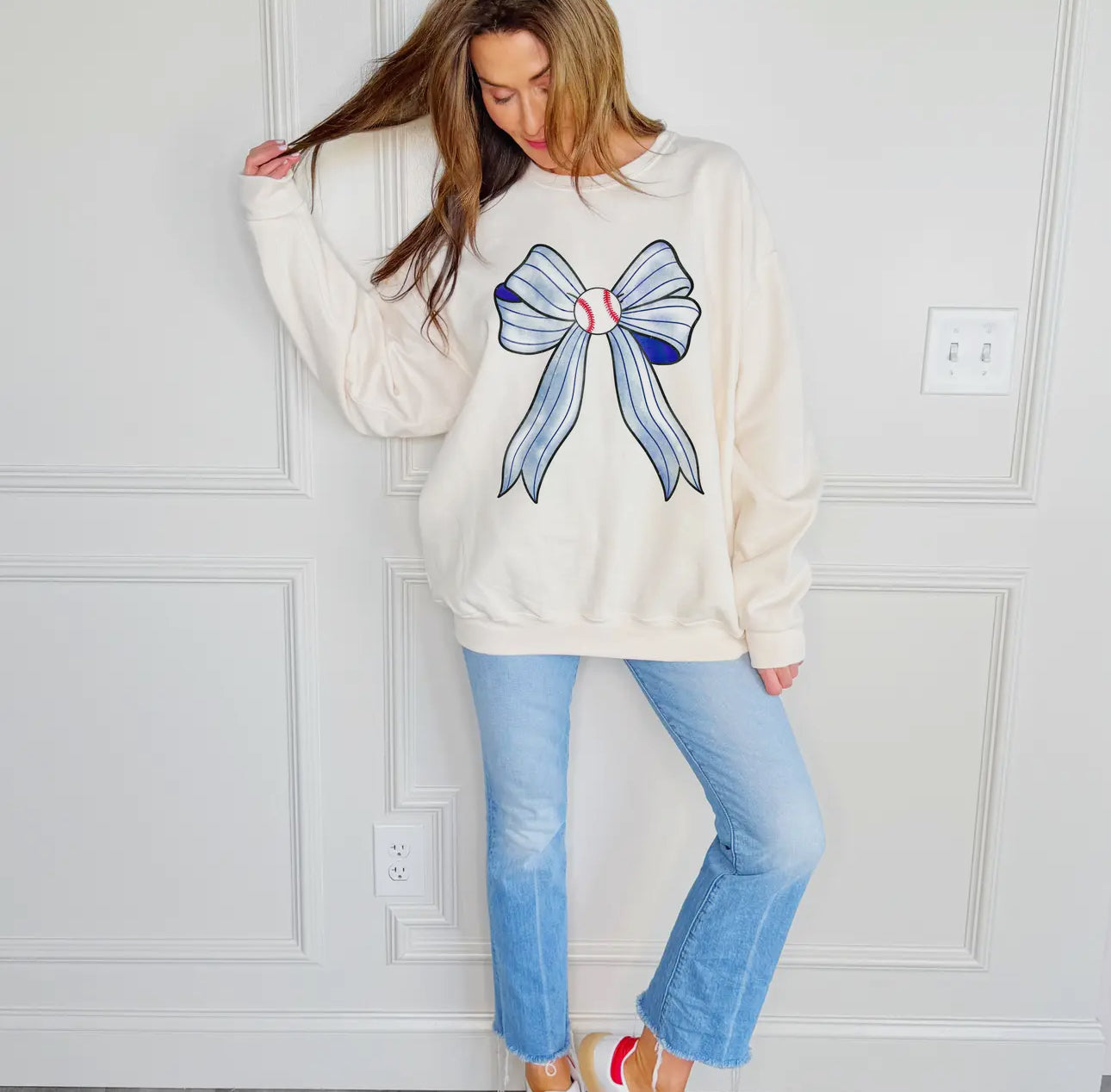 blue pinstripe baseball bow sweatshirt
