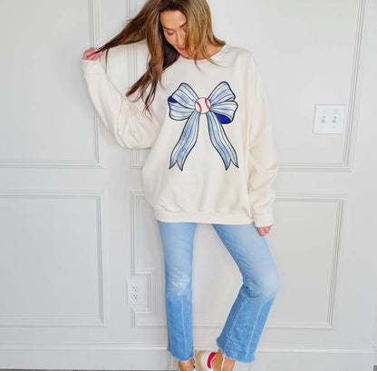 blue pinstripe baseball bow sweatshirt