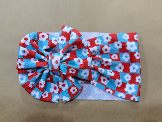 flower checkered red + blue bow