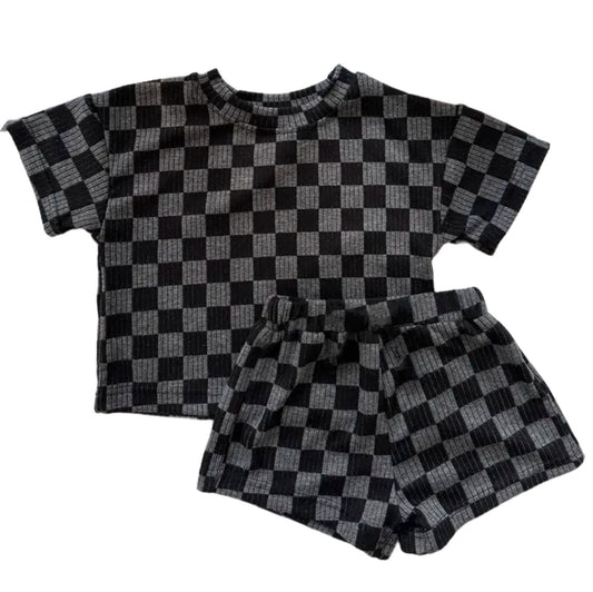 gray + black checkered shirt + short set