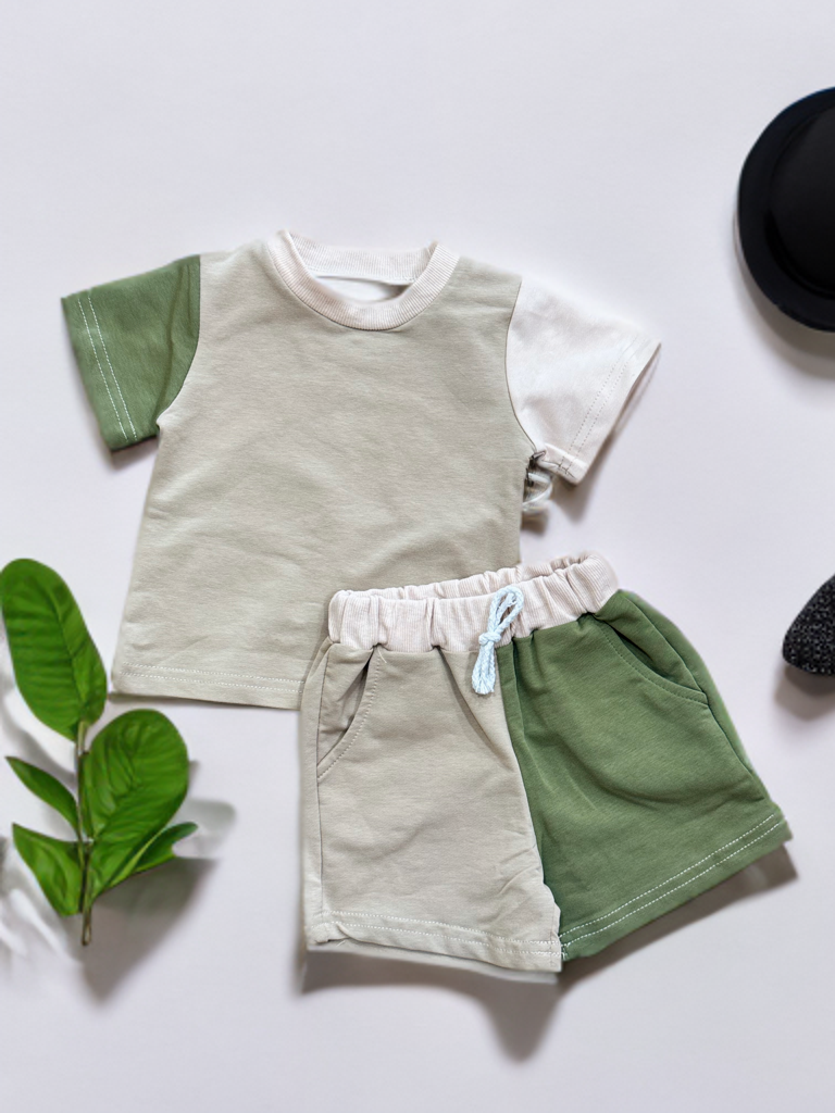 block color shirt + short set • green + khaki