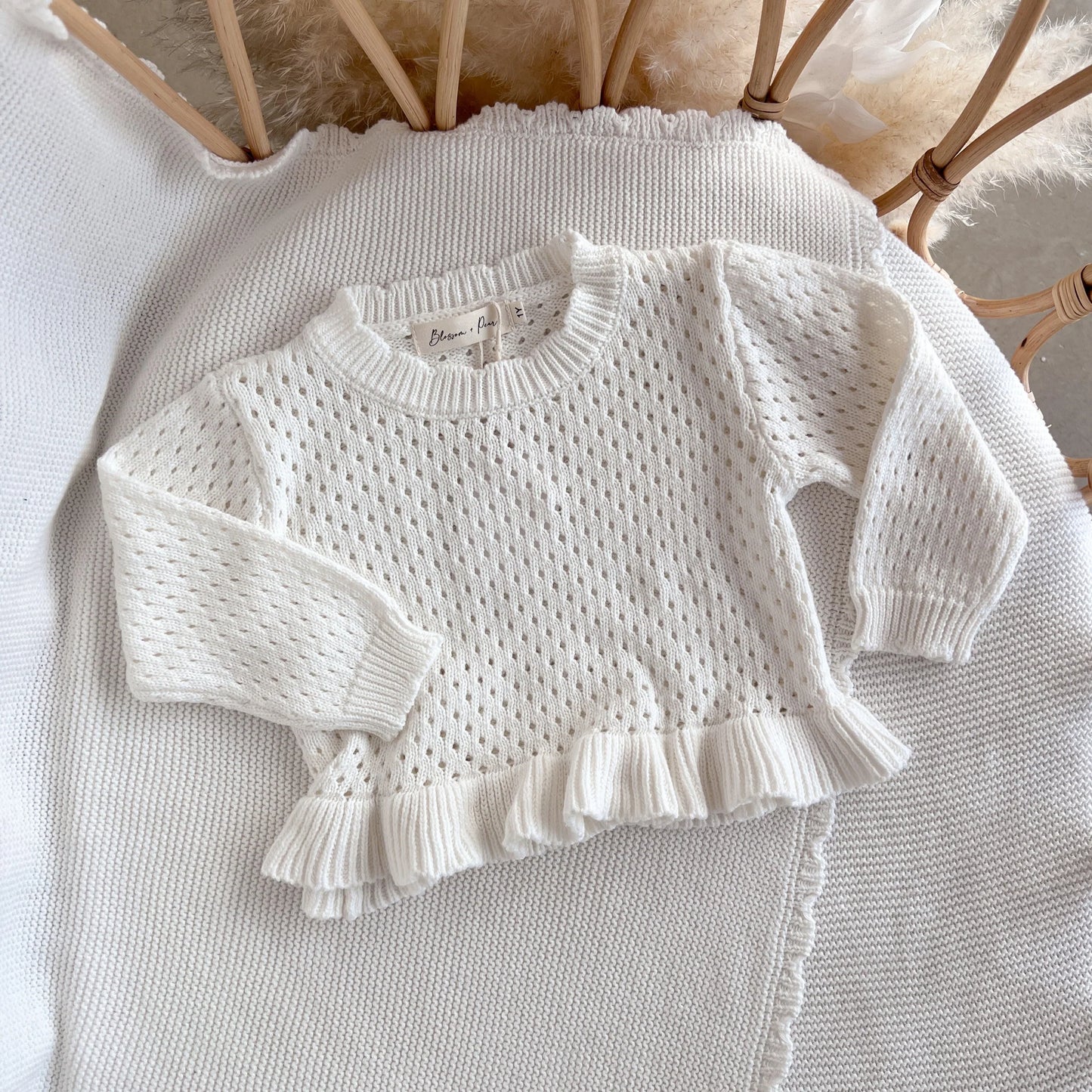 crochet long sleeve frill top - milk