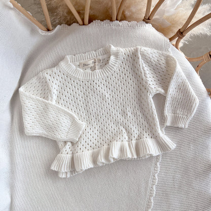 crochet long sleeve frill top - milk