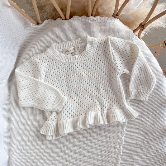 crochet long sleeve frill top - milk