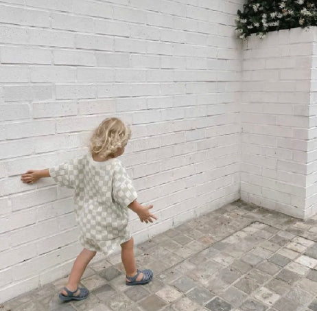 knit checkered t-shirt and shorts