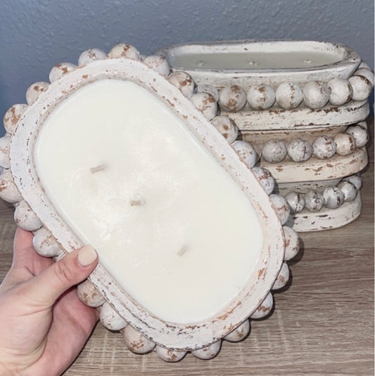 three wick oval pottery candle w/ farmhouse beads