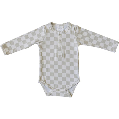 taupe checkered snap long sleeve bodysuit