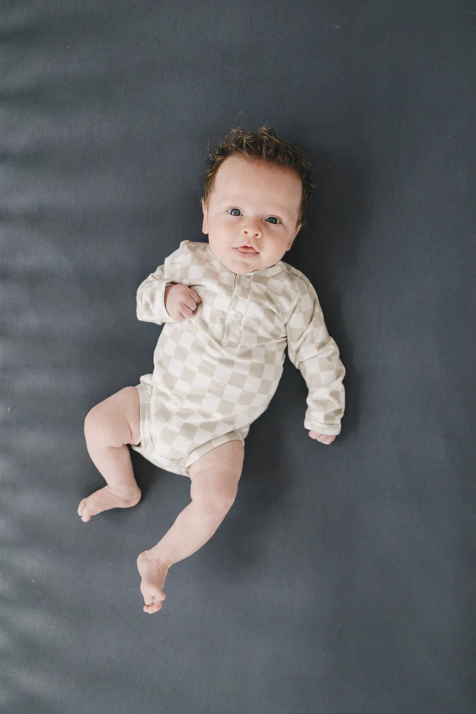 taupe checkered snap long sleeve bodysuit