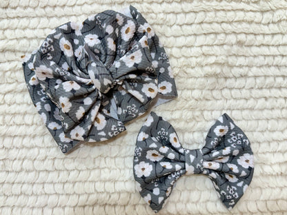 blue + white floral bow