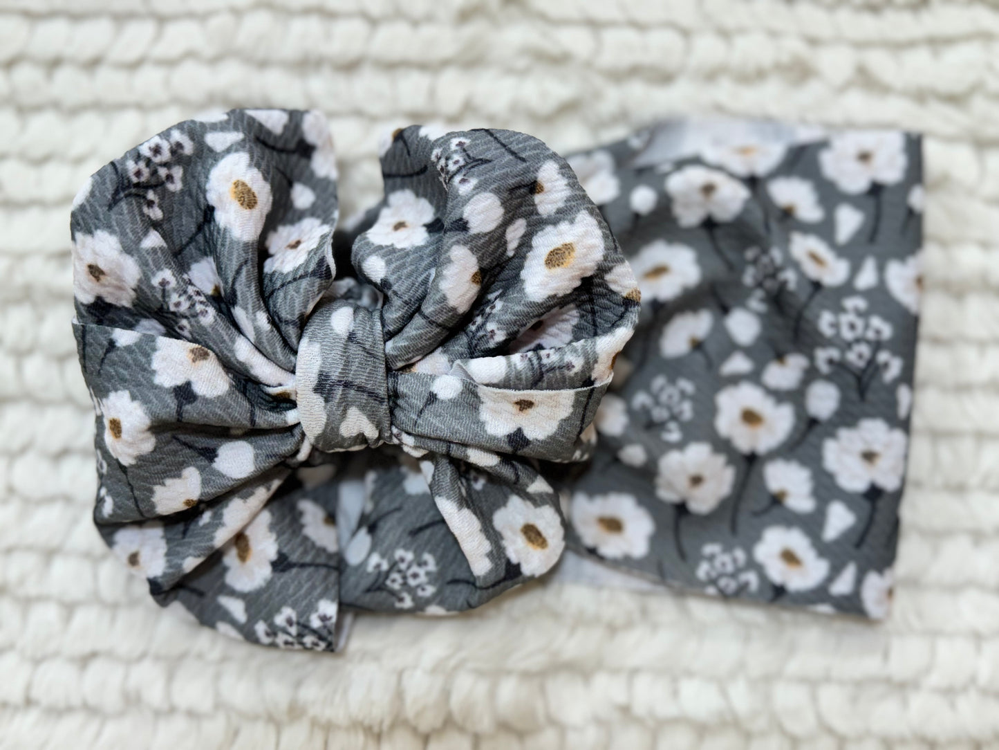 blue + white floral bow