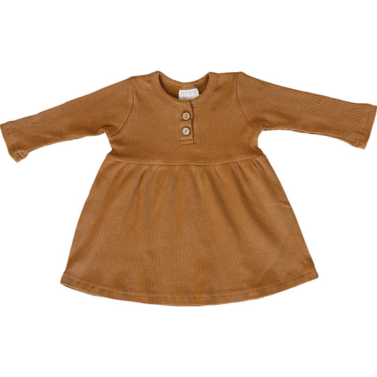 mustard long sleeve button ribbed organic dress