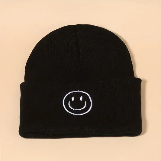 happy face embroidered beanie