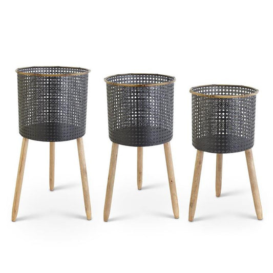 black punched metal container + wood legs