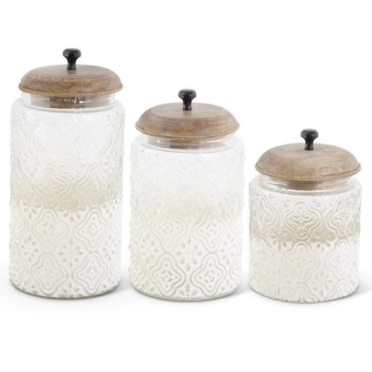 embossed glass containers with frosted bottoms +wooden lids