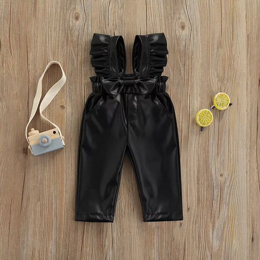 leather ruffle overalls