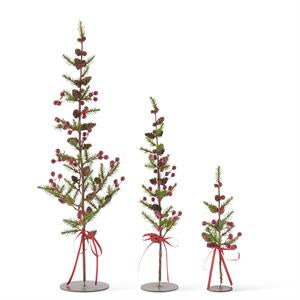 pine twig trees with red berries + mini pinecones