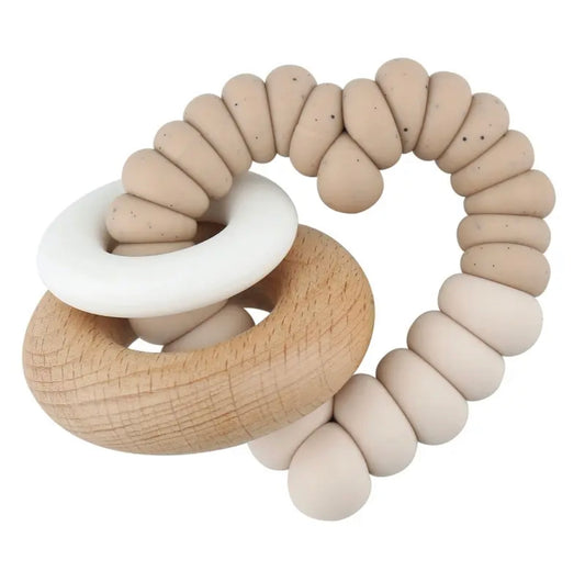silicone + wood heart baby teether + rattle