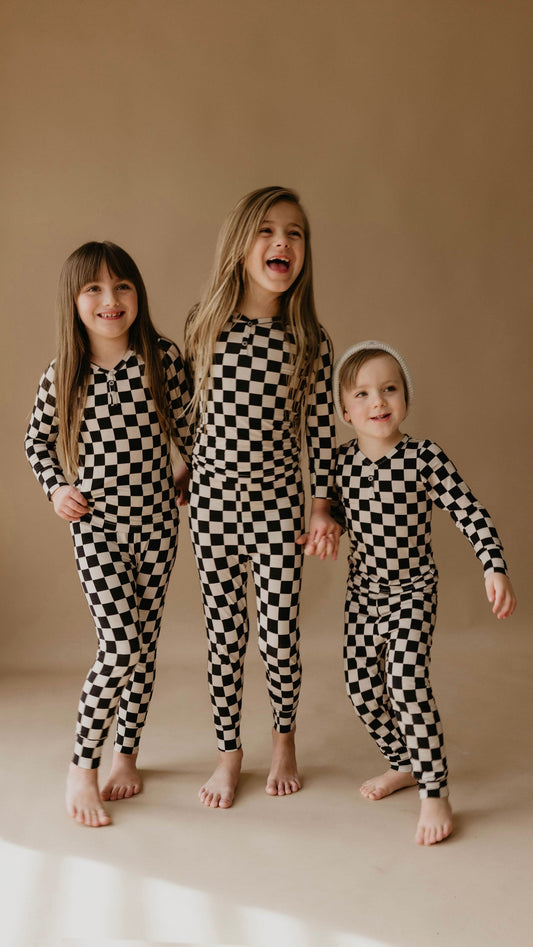 Bamboo Two Piece Pajamas | Black Checkerboard - Ivory Soul