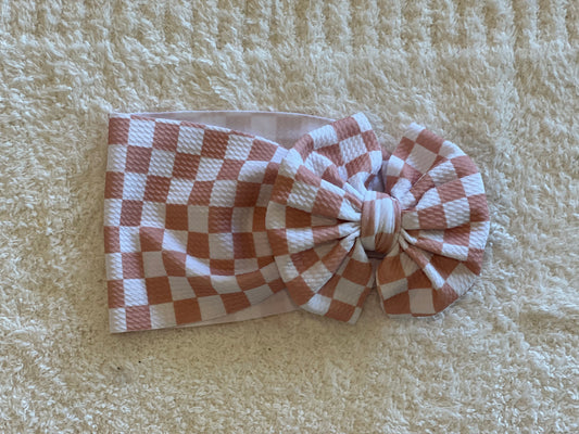 beige checkered bow