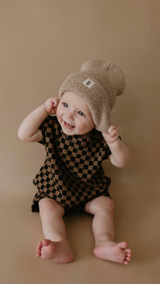 Short Sleeve Ribbed Romper | Black & Brown Checkerboard - Ivory Soul