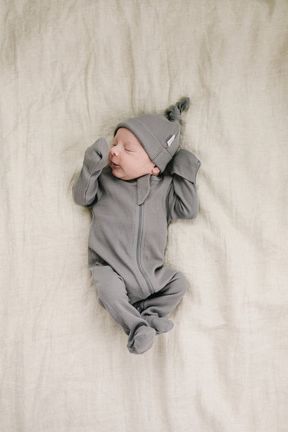 Grey Organic Ribbed Newborn Knot Hat - Ivory Soul