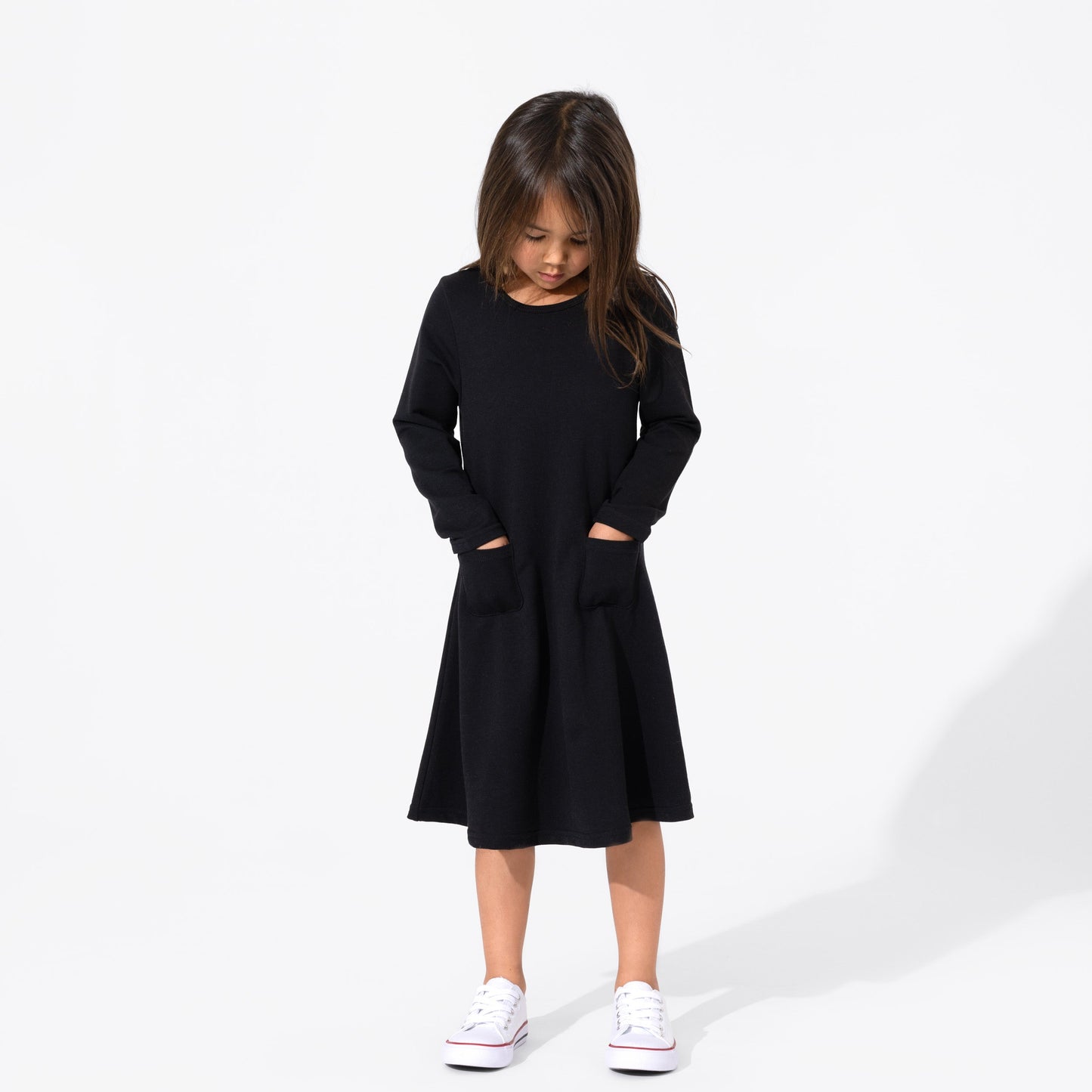 Obsidian Black Bamboo Terry Daywear Girls' Long Sleeve Dress