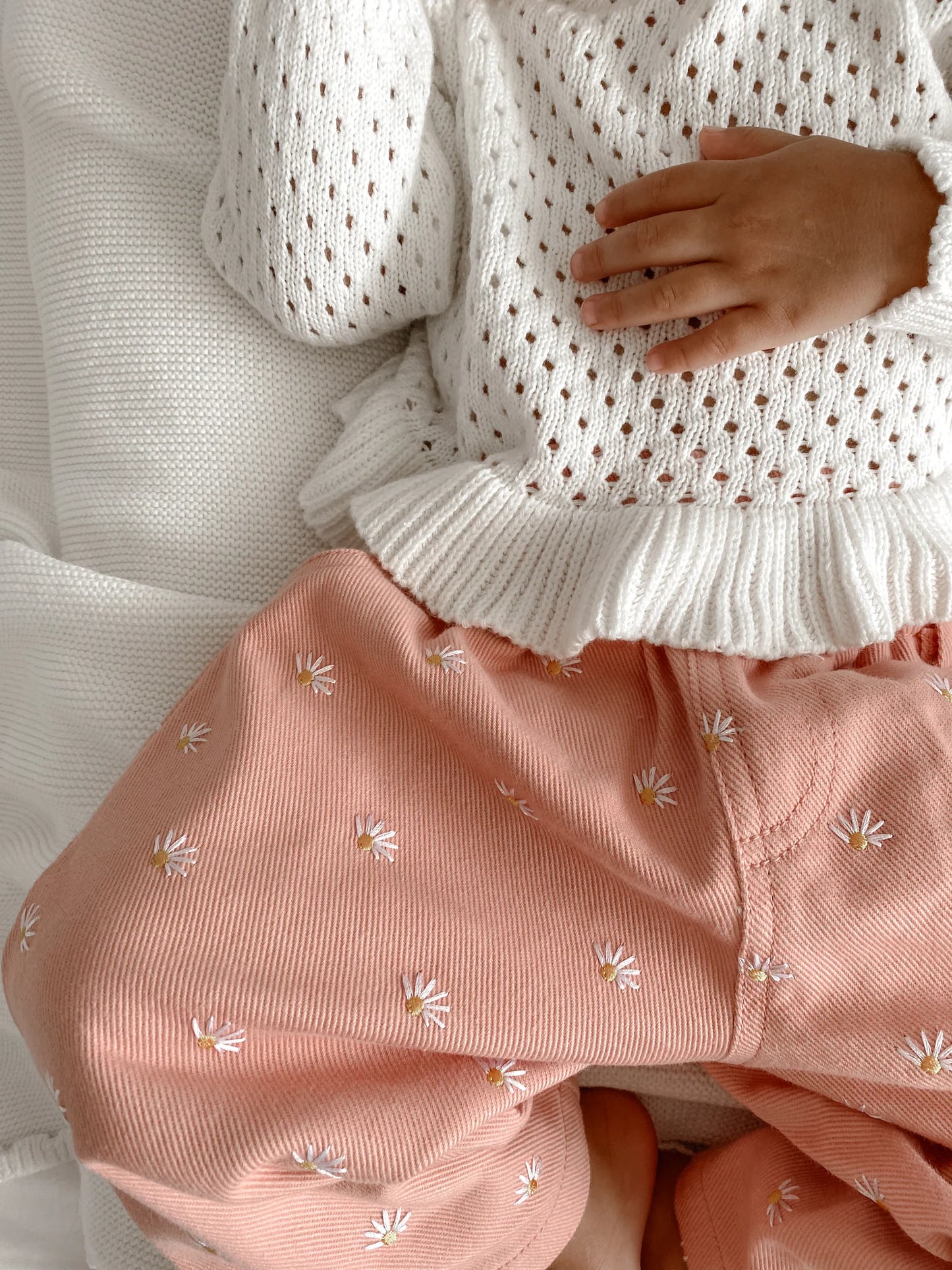 crochet long sleeve frill top - milk