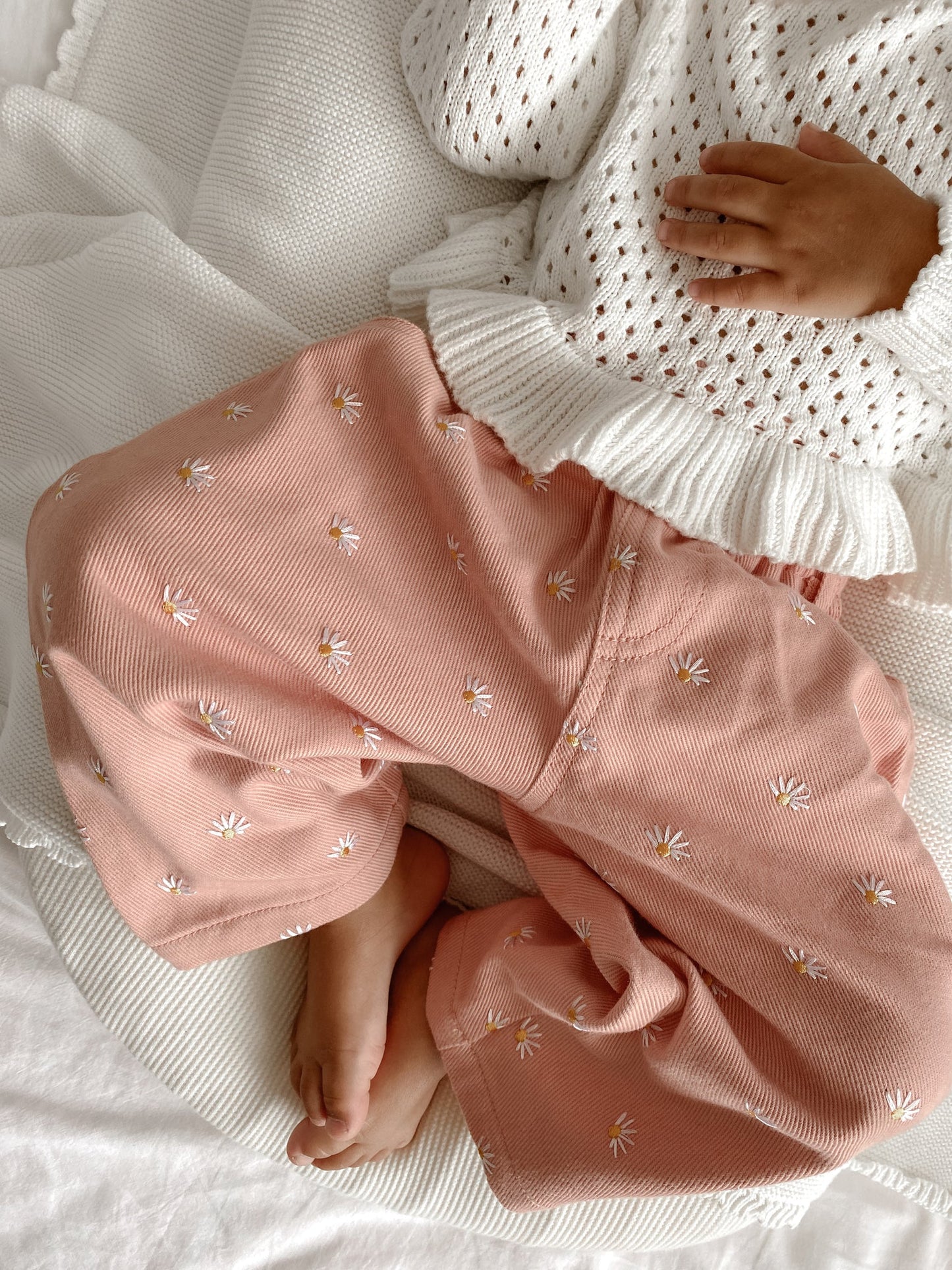 crochet long sleeve frill top - milk