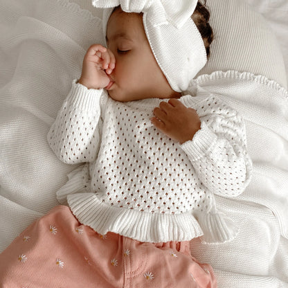 crochet long sleeve frill top - milk