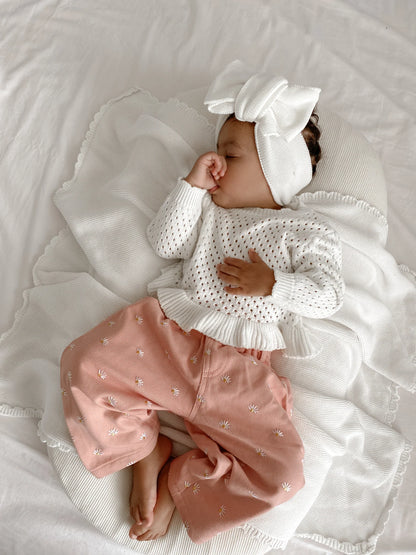 crochet long sleeve frill top - milk