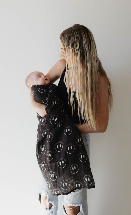 Muslin Swaddle | Charcoal & White ff Smile - Ivory Soul