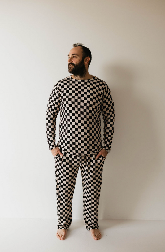 Men's Bamboo Pajamas | Black & White Checkerboard - Ivory Soul