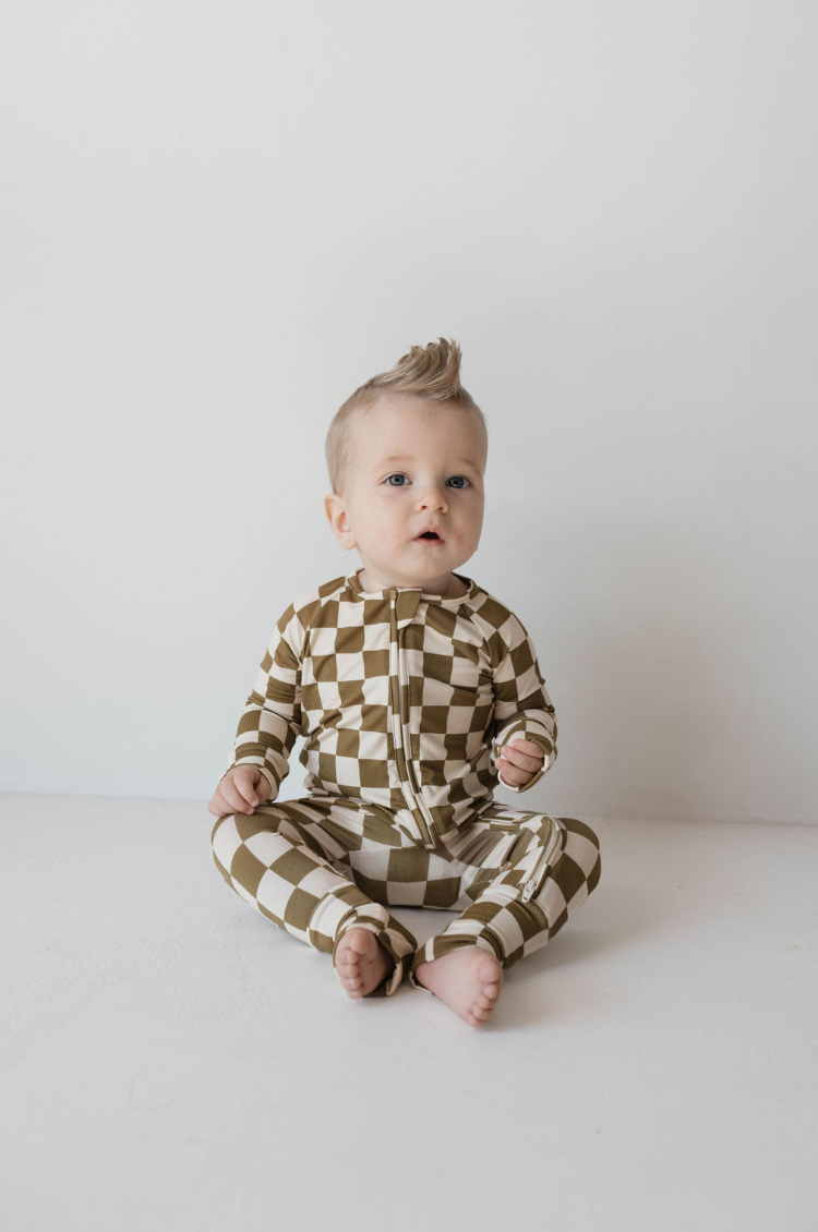 Bamboo Zip Pajamas | Olive Checkerboard - Ivory Soul