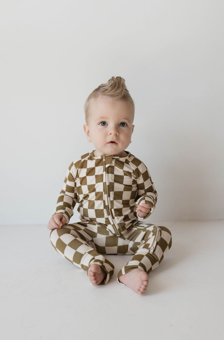 Bamboo Zip Pajamas | Olive Checkerboard - Ivory Soul