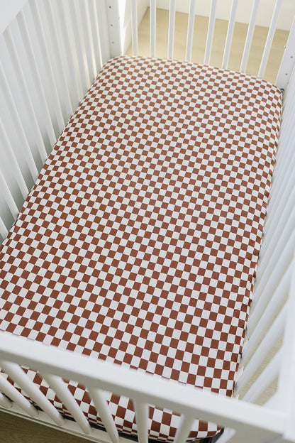 Rust Checkered Bamboo Stretch Crib Sheet - Ivory Soul