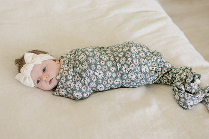 Dark Green Daisy Bamboo Stretch Swaddle - Ivory Soul