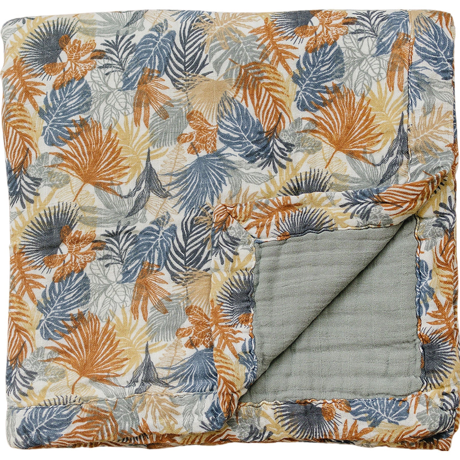 Paradise Palms+ Dusty Blue Muslin Quilt - Ivory Soul